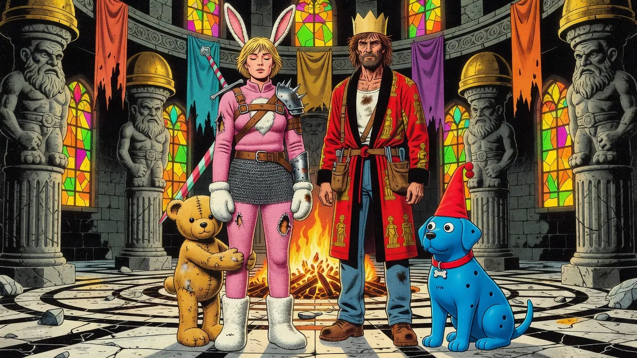 Beside a scrap-wood funeral fire in a ruined stone hall, a woman in a torn pink bunny suit stands with her eyes closed after a hymn while a small battered teddy bear hugs her leg, a bearded man in a red bathrobe and a blue rubber dog standing in the firelight behind.