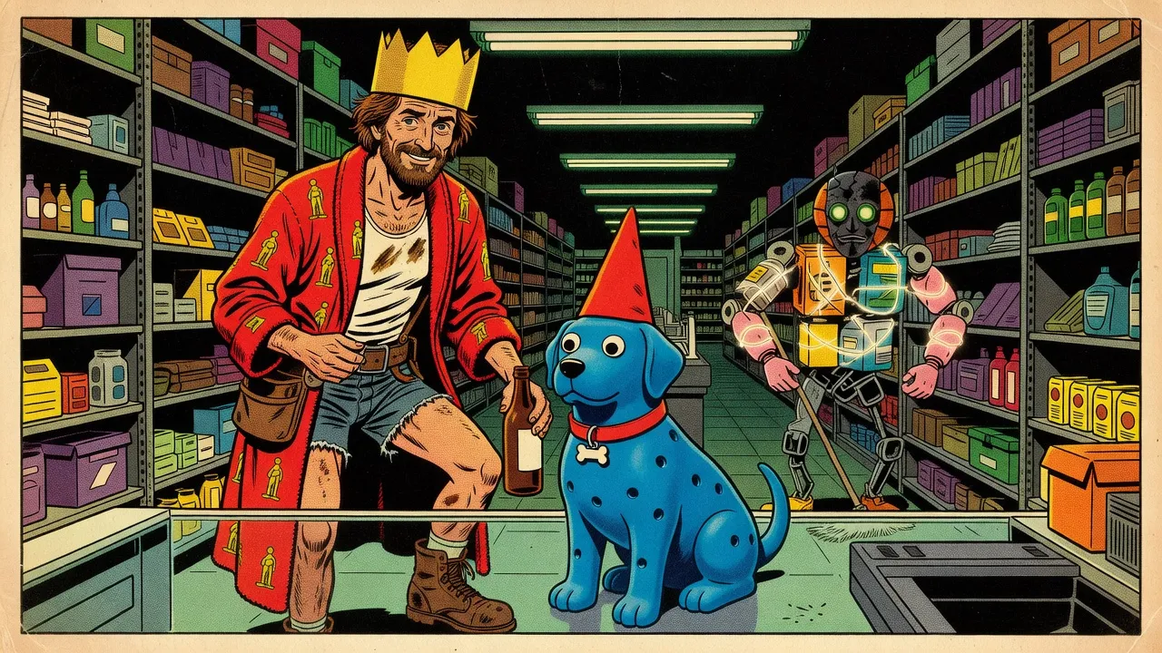 A bearded man in a red bathrobe and a paper crown stands in a store aisle in front of the glass checkout counter, a brown bottle in his hand, with a blue rubber dog in a red cap and collar sitting at his side, while a tall junk golem with a mop stands in the next aisle behind them.