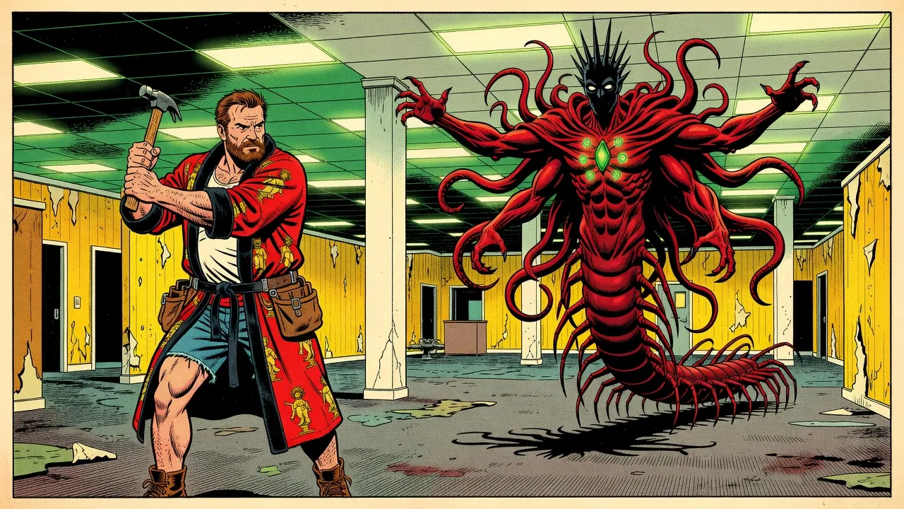 A bearded man in a red bathrobe winds up with a claw hammer held high in both hands before a towering four-armed red monster with a tentacle cloak and a centipede’s body, in a yellow-wallpapered office room.