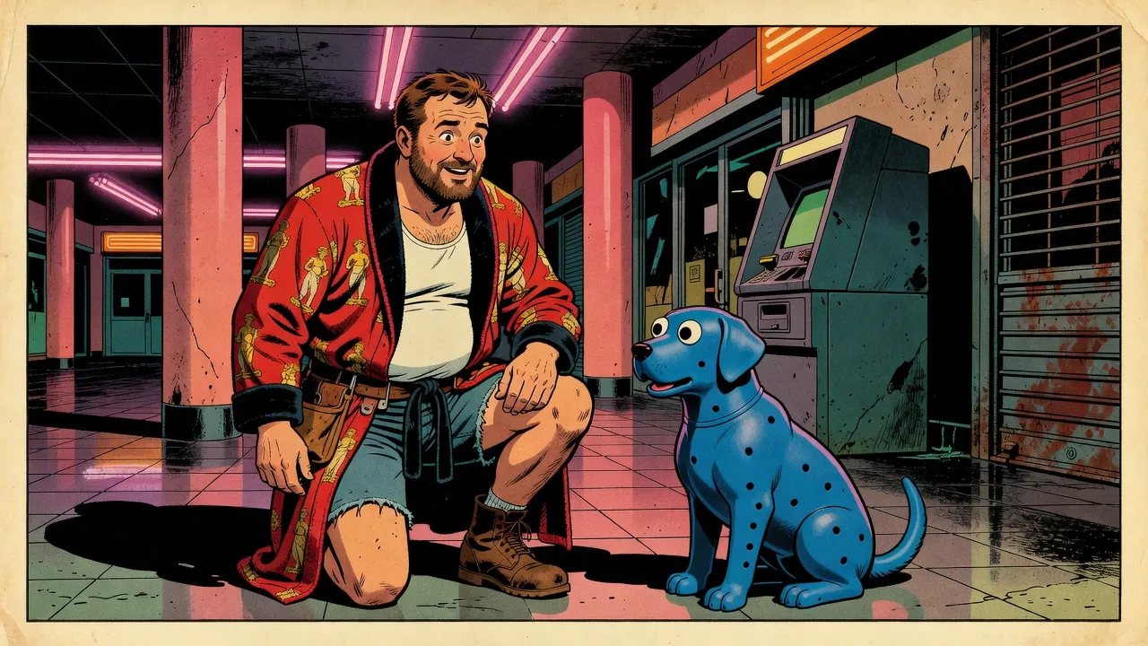 A bearded man in a red bathrobe crouches in a neon-lit 1980s mall face to face with a blue rubber dog that has just grown big googly eyes, an old gray cash machine behind them.