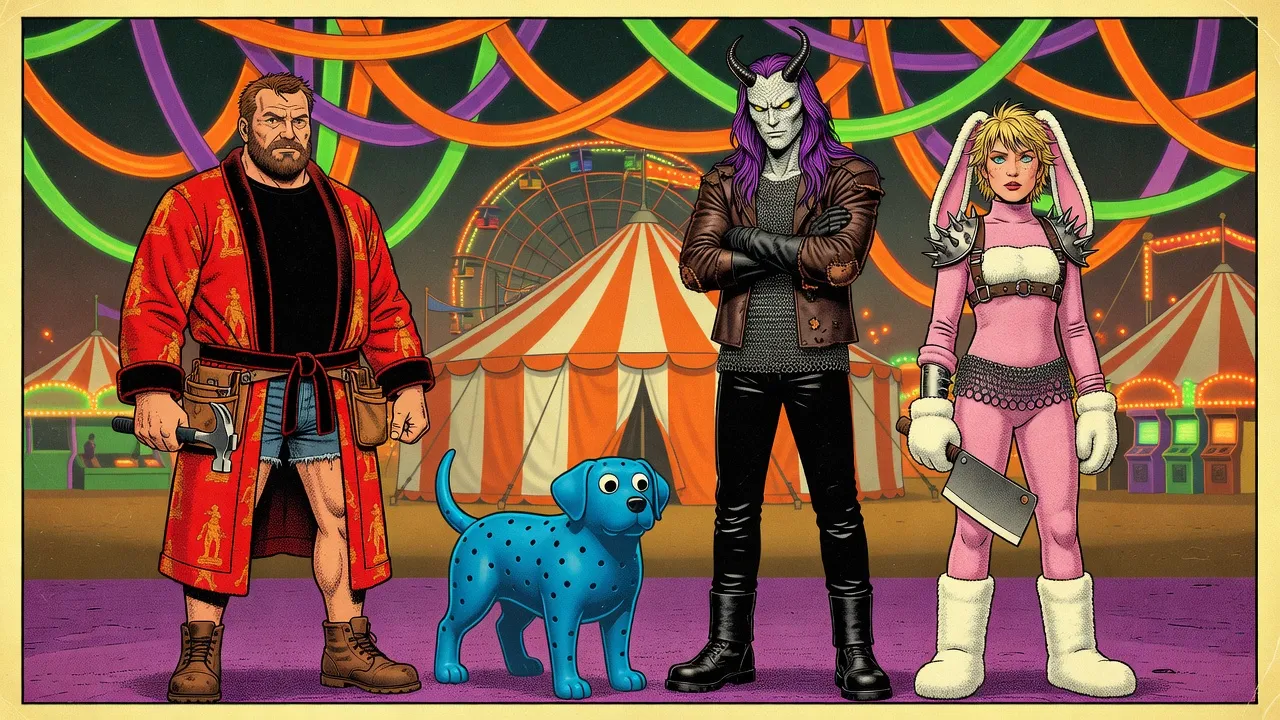 A bearded man in a red bathrobe with a hammer, a blue rubber dog, a horned man with white scales and a woman in a pink bunny suit with a cleaver stand at the edge of a neon carnival with a striped big top and a Ferris wheel.