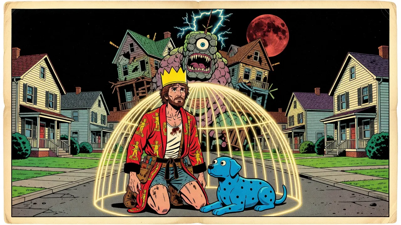 A bearded man in a red bathrobe and a paper crown kneels beside a blue rubber dog inside a dome of golden bars of light on a night-time suburban street, while a monster built from houses, with one huge eye and a radio mast on its head, looms behind under a huge red moon.