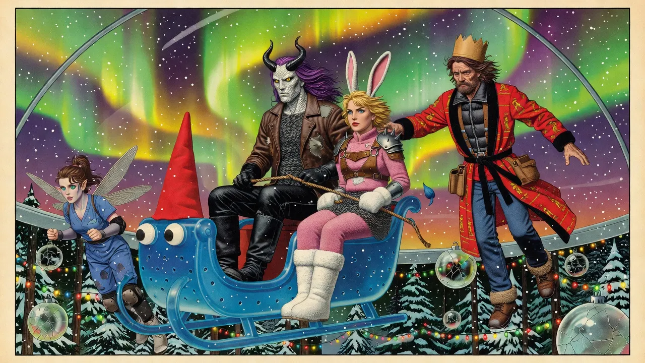 A blue rubber sleigh with googly eyes and a pointed red cap flies over a pine forest strung with Christmas lights under a glass dome, carrying a horned man and a woman in a pink bunny suit, while a bearded man in a red bathrobe and a paper crown floats beside it with one arm stretched toward it and a woman with dragonfly wings flies close by.