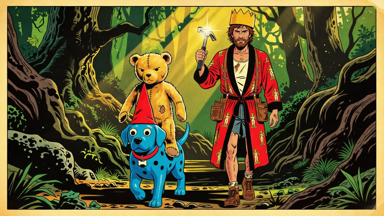 A bearded man in a red bathrobe and paper crown walks through a forest of giant trees, a claw hammer raised in one fist, beside a blue rubber dog in a red cap and collar with a battered old teddy bear riding on its back.