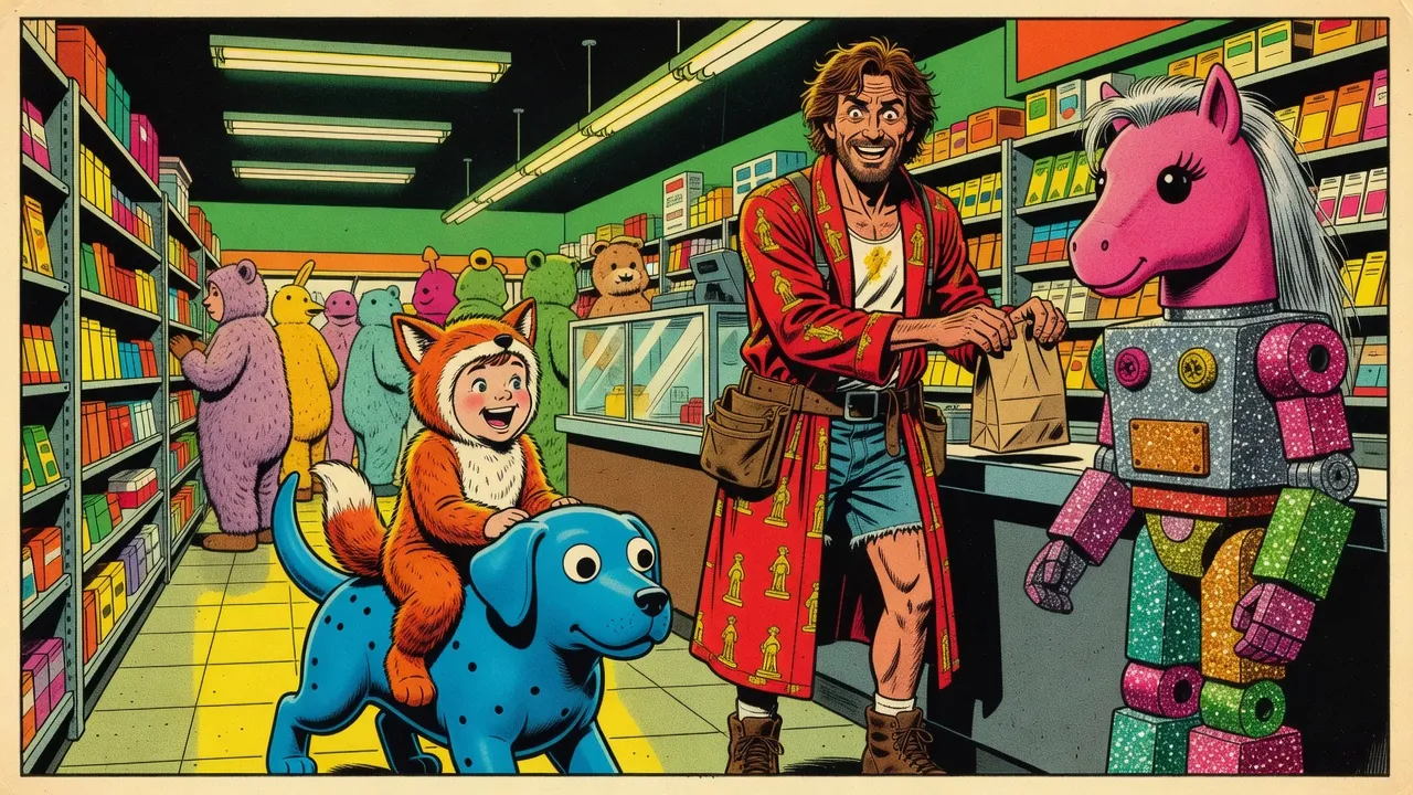 In a discount store crowded with people in furry animal costumes, a child in a fox costume rides a blue rubber dog with googly eyes, while a bearded man in a red bathrobe stands at the checkout beside a toy-built robot with a pink pony’s head.
