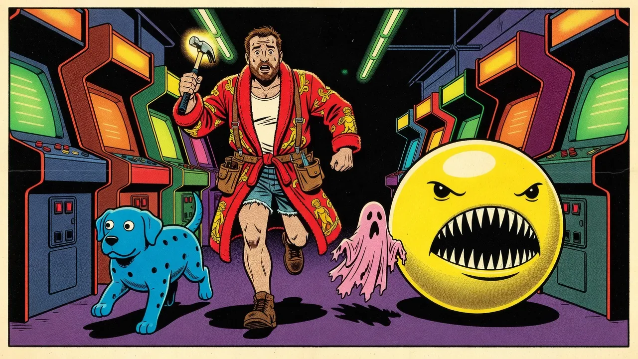 A bearded man in a red bathrobe, a hammer raised in his fist, and a blue rubber dog run down a neon arcade aisle, chased by a huge yellow sphere with angry black eyes and a mouth full of fangs, a little ghost in a pink sheet fleeing beside them.