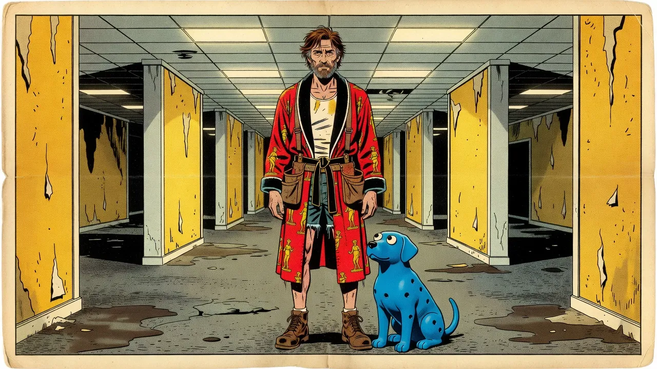 A lean bearded man in a red bathrobe and a blue rubber dog with googly eyes stand in an endless maze of yellow-wallpapered office rooms under flickering ceiling lights.