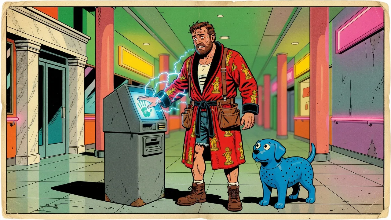 A heavyset bearded man in a red bathrobe presses his bare hand to the glowing blue pad of a gray cash-machine console in a pink-neon mall, blue sparks crawling up his arm, while a blue rubber dog with googly eyes watches.