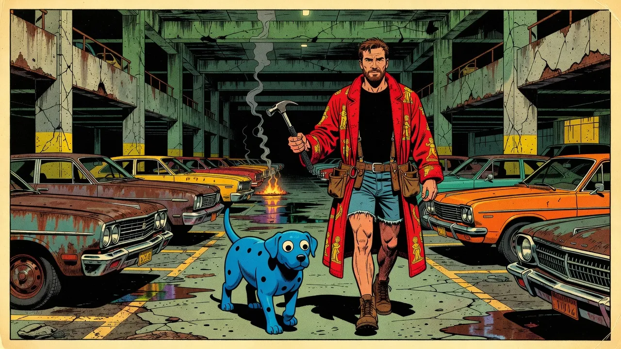 A bearded man in a red bathrobe and a blue rubber dog walk between rows of rusting old cars in a vast dark parking garage whose concrete pillars rise like towers, a bright orange hatchback among the wrecks.