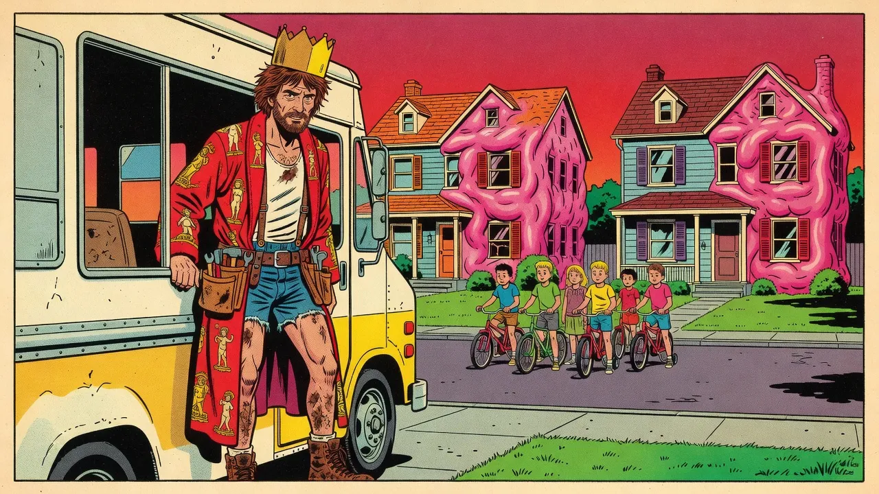 A bearded man in a paper crown and a red bathrobe stands warily in the open side of an ice cream truck on a suburban street under a crimson-pink sky, where half of each tidy house swells into pink flesh and a silent group of children on bicycles waits.