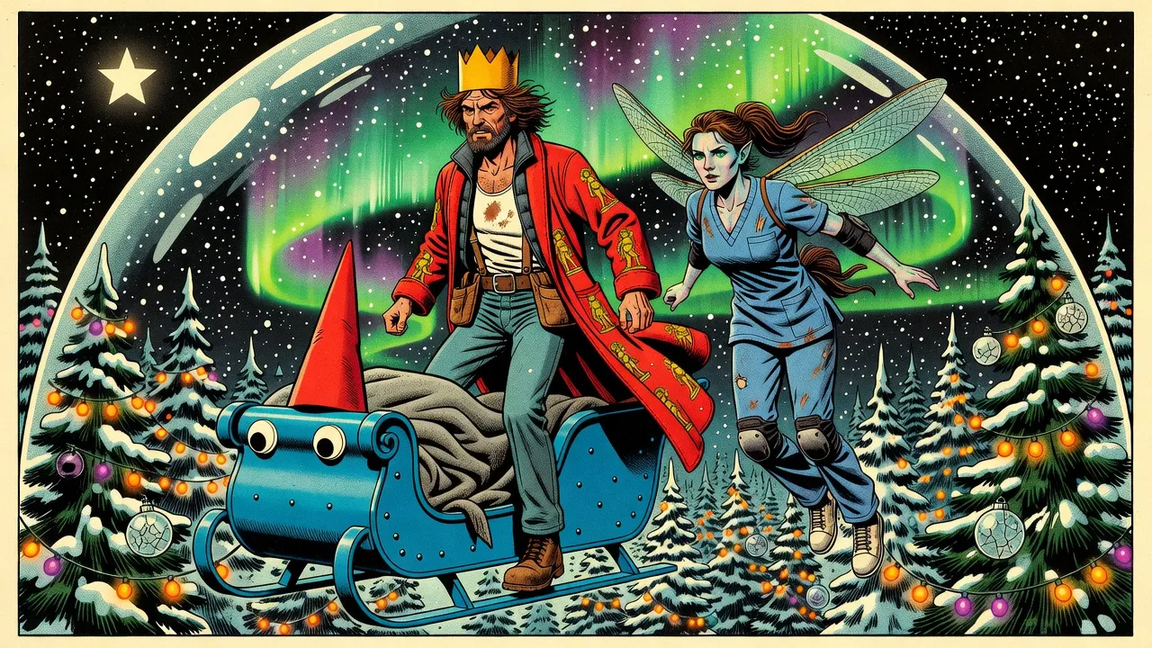 A blue rubber sleigh with googly eyes and a red pointed cap flies over a pine forest inside a giant glass dome hung with Christmas lights, a bearded man in a paper crown and a red bathrobe standing in it and a winged woman in blue scrubs flying beside it, under a green aurora and a star-shaped moon.