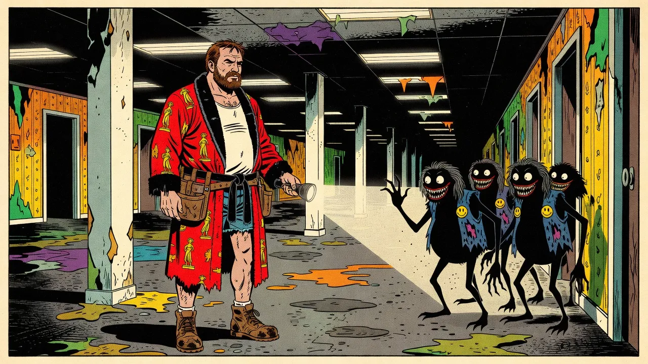 In a dark yellow-wallpapered corridor a man in a red bathrobe points a flashlight at a few potbellied shadow creatures with glowing white eyes, needle-toothed grins and smiley-face pins on tattered blue vests, who shrink from the beam.