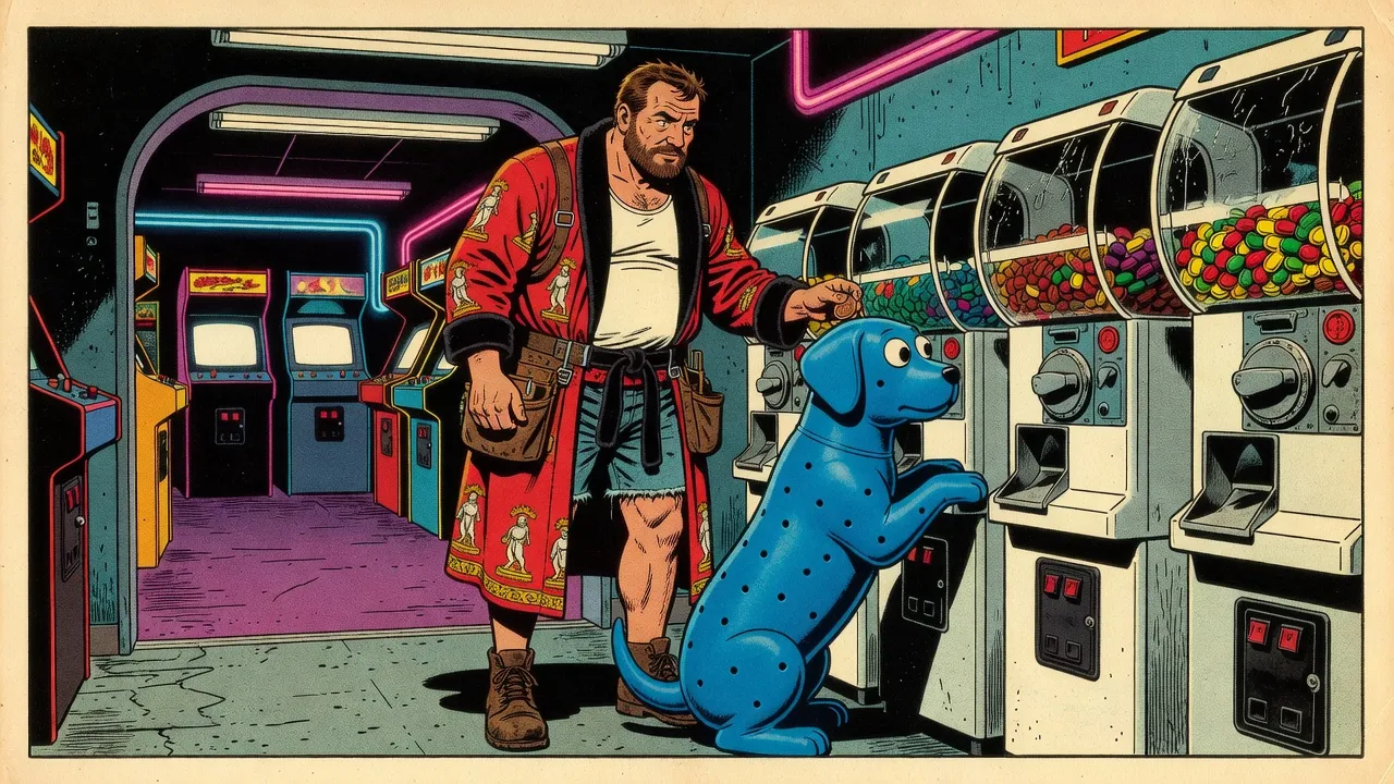 In a fluorescent-lit side room off a neon arcade, a bearded man in a red bathrobe feeds a token into one of a row of white capsule-toy machines while a blue rubber dog with googly eyes props its paws on the machine to stare at the coloured capsules.