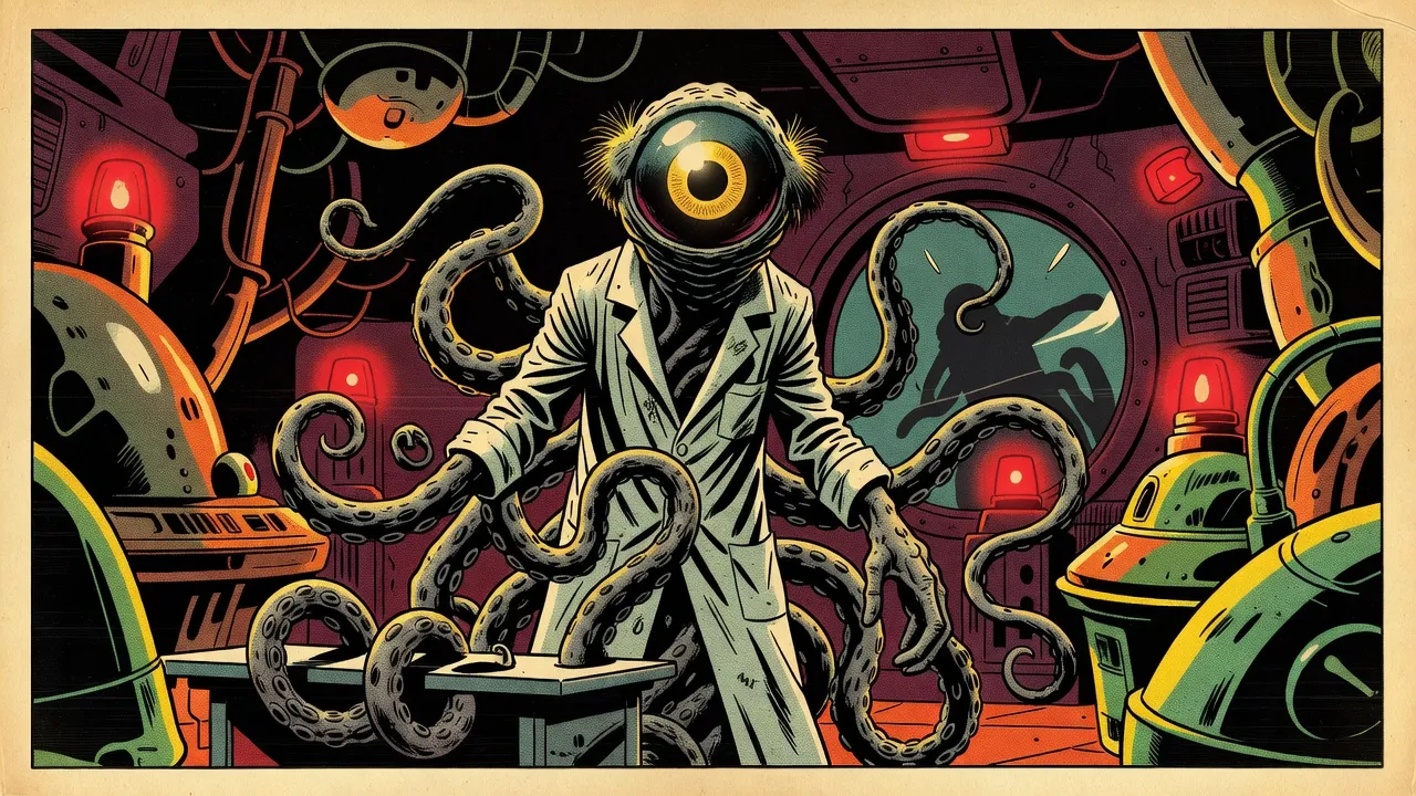 A tall gray creature of tentacles in a white laboratory smock, with one enormous lidless eye ringed in gold for a face, grips the edge of a desk in a dim laboratory washed with red alarm light, seen as on a flickering recording.