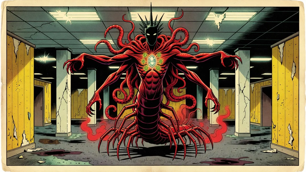 A towering four-armed red demon with a centipede’s lower body, a black obsidian mask and a floating crown of black spikes stands in an empty office conference room under fluorescent lights, a green-ringed gem glowing in its chest.