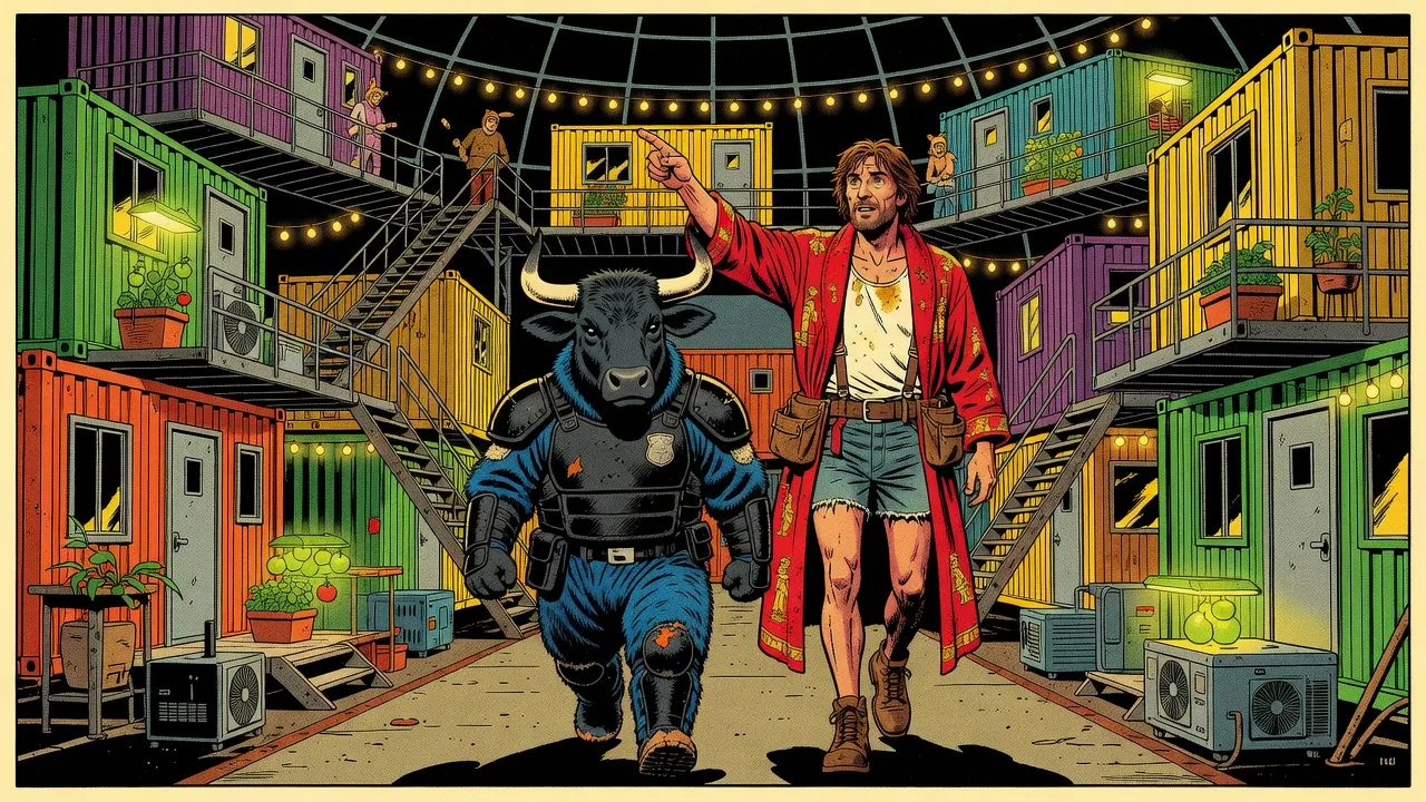 A short bull-headed man in a blue fur suit and riot armour walks down a canyon of stacked shipping-container homes, catwalks and string lights under the dome of an old sports hall, while a bearded man in a red bathrobe beside him points up at the homes.