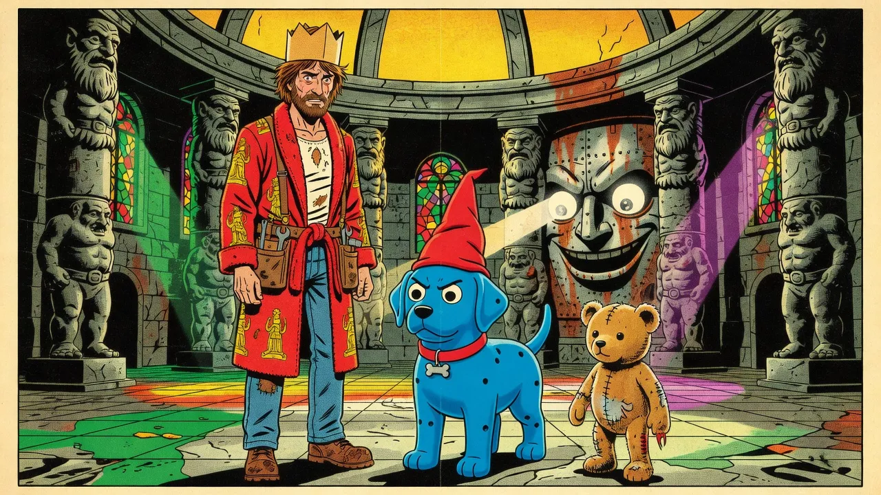 In a vast granite hall under a golden dome held up by pillars carved as straining dwarves, a bearded man in a paper crown, a blue rubber dog in a red cap and a battered teddy bear stand before a gigantic rusting metal face on the far wall whose eyes blaze with white light.