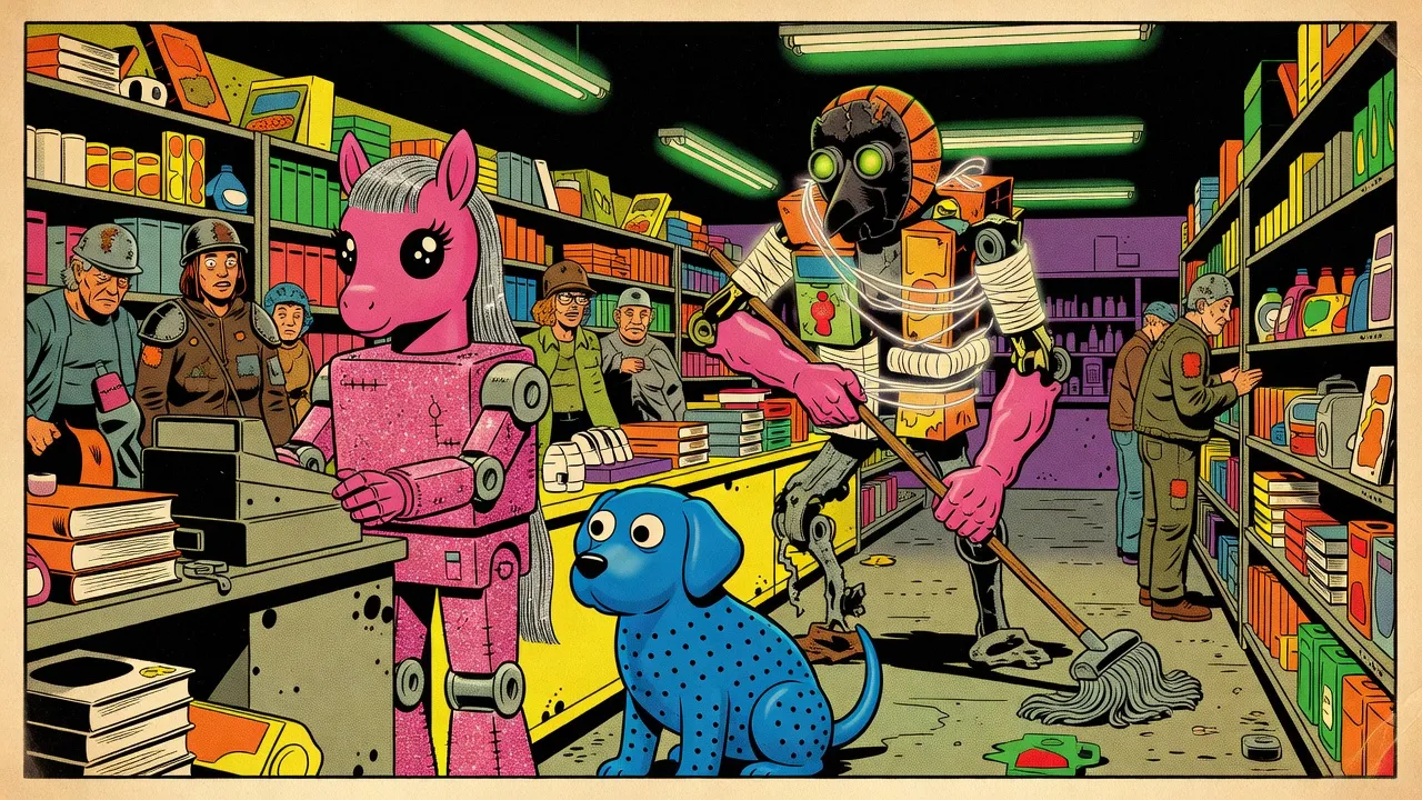 In a crammed discount drugstore, a glittering patchwork toy robot with a pink pony’s head works the cash register while a nine-foot junk golem with a basketball head mops the floor and a blue rubber dog sits by the counter, tired customers in battered helmets and armour queueing behind.