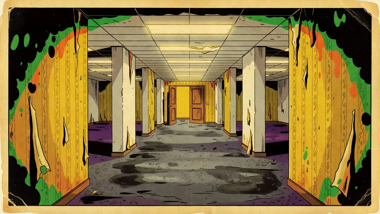 A long, empty corridor of stained yellow wallpaper and damp gray carpet under flickering fluorescent panels, a pair of brown double doors halfway along standing open onto a blank yellow wall.