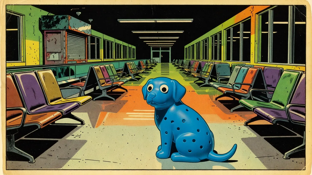 A blue rubber dog with googly eyes sits alone in the middle of an endless, empty airport concourse of joined seats, a shuttered kiosk and identical waiting areas, the tall windows black.